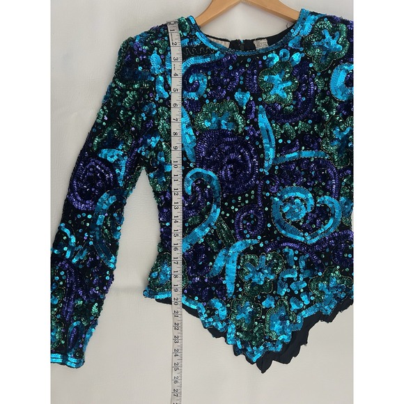 Laurence Kazar Vintage Beaded Multicolor Purple Long Sleeve Silk Top Festival - Picture 6 of 12